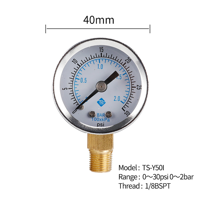 TS-Y50I 40mm Dial Gas Pressure Gauge 0-30 PSI / 0-2 Bar Range Stainless Steel Dual Scale Oil Water Pressure Gauge TS-Y50I 40mm Dial Gas Pressure Gauge 0-30 PSI / 0-2 Bar Range Stainless Steel Dual Scale Oil Water Pressure Gauge